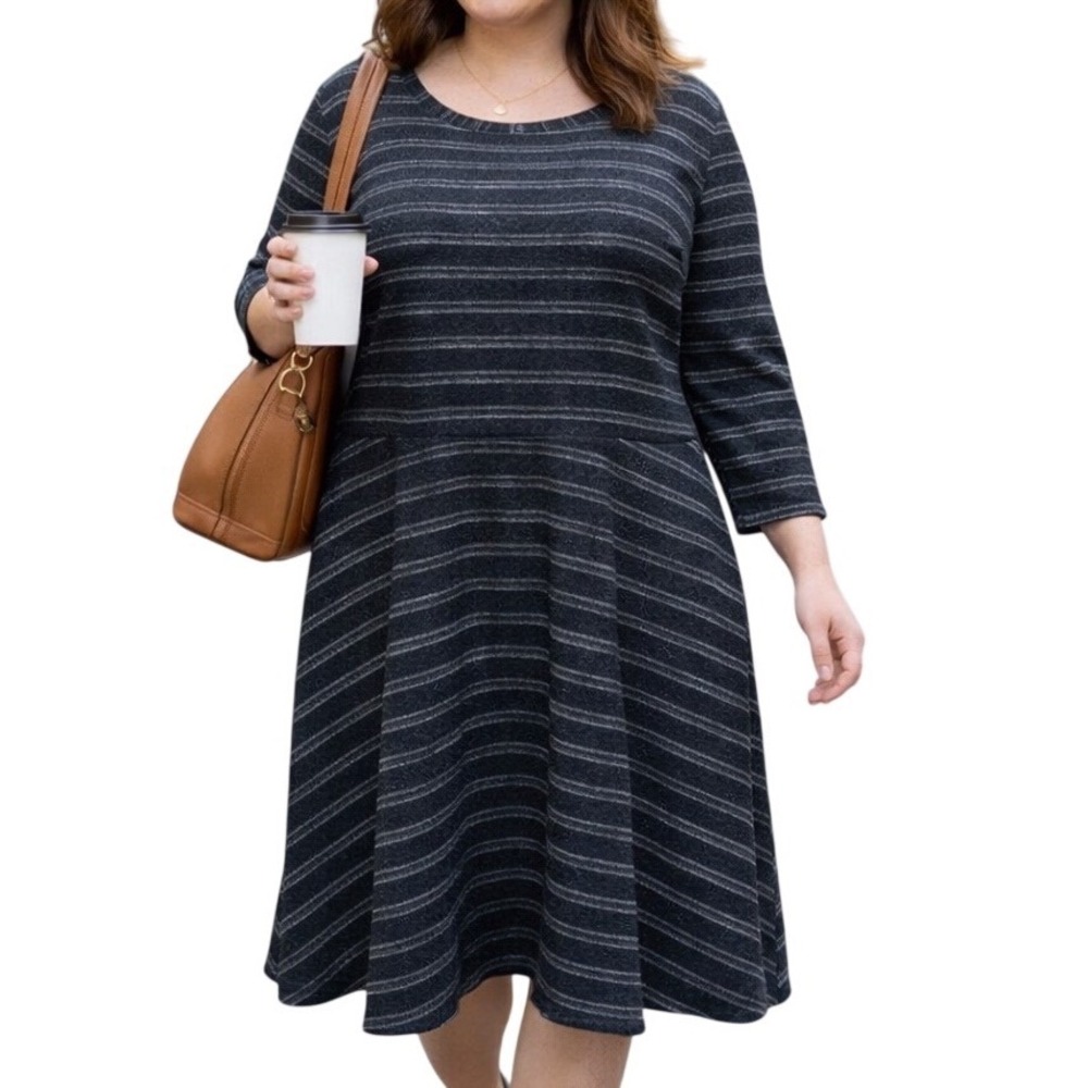 Lane Bryant Black Gray Stripe‎ A-Line Dress 3/4 Sleeve Women's Plus Size 18/20